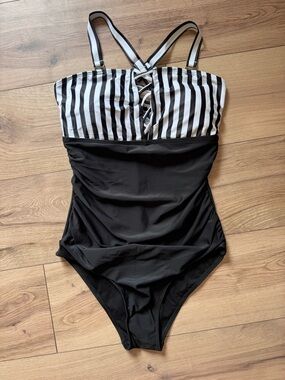 Yonique Striped One Piece Tummy Control Swimsuit Medium